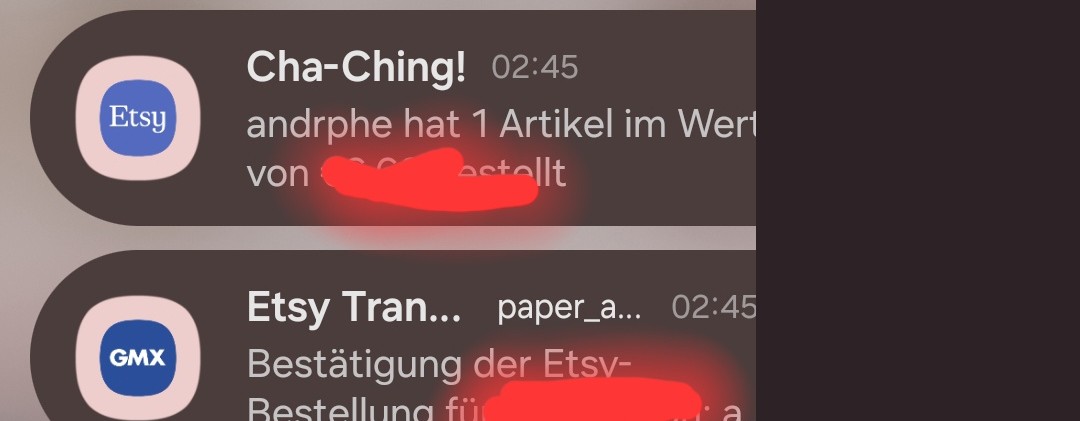 Echte Etsy-Verkaufsbenachrichtigung auf dem Sperrbildschirm