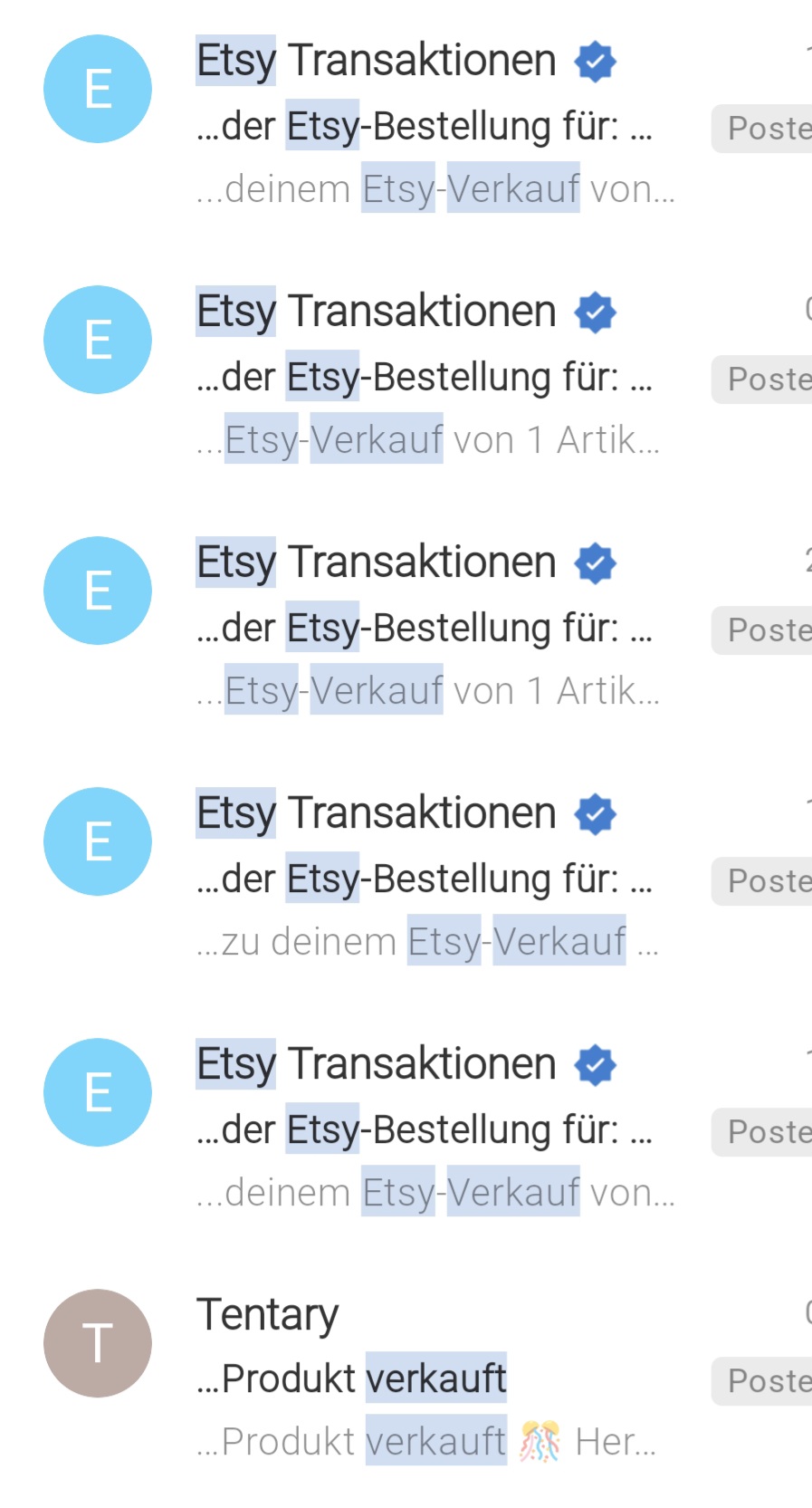 Liste echter Etsy-Verkaufsbenachrichtigungen im E-Mail-Postfach