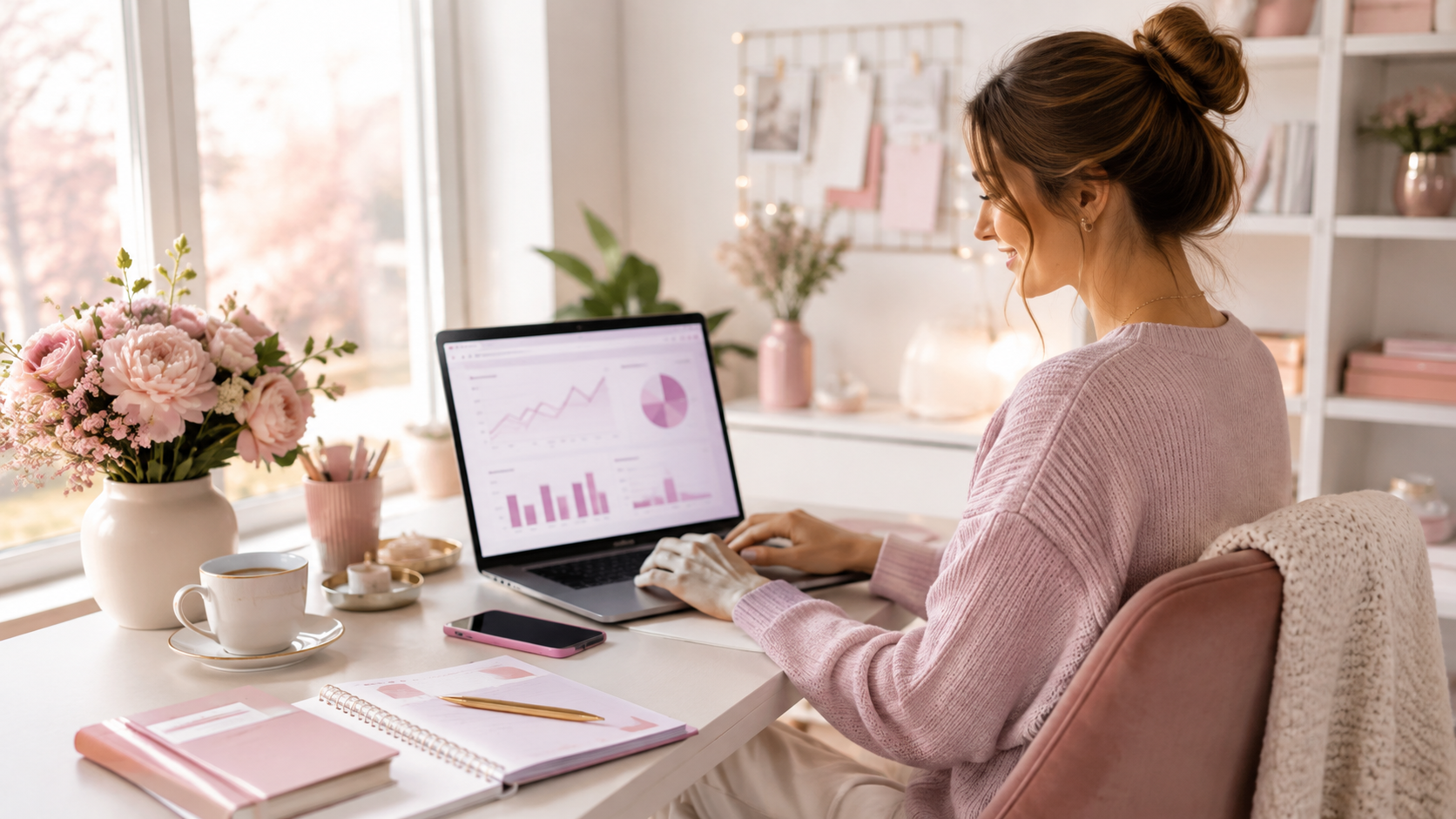 Frau arbeitet in einem freundlichen Homeoffice mit Laptop und Smartphone an ihrem Online-Business