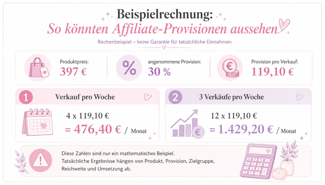 Beispielrechnung für Affiliate-Provisionen mit einem angenommenen Produktpreis von 397 Euro und 30 Prozent Provision
