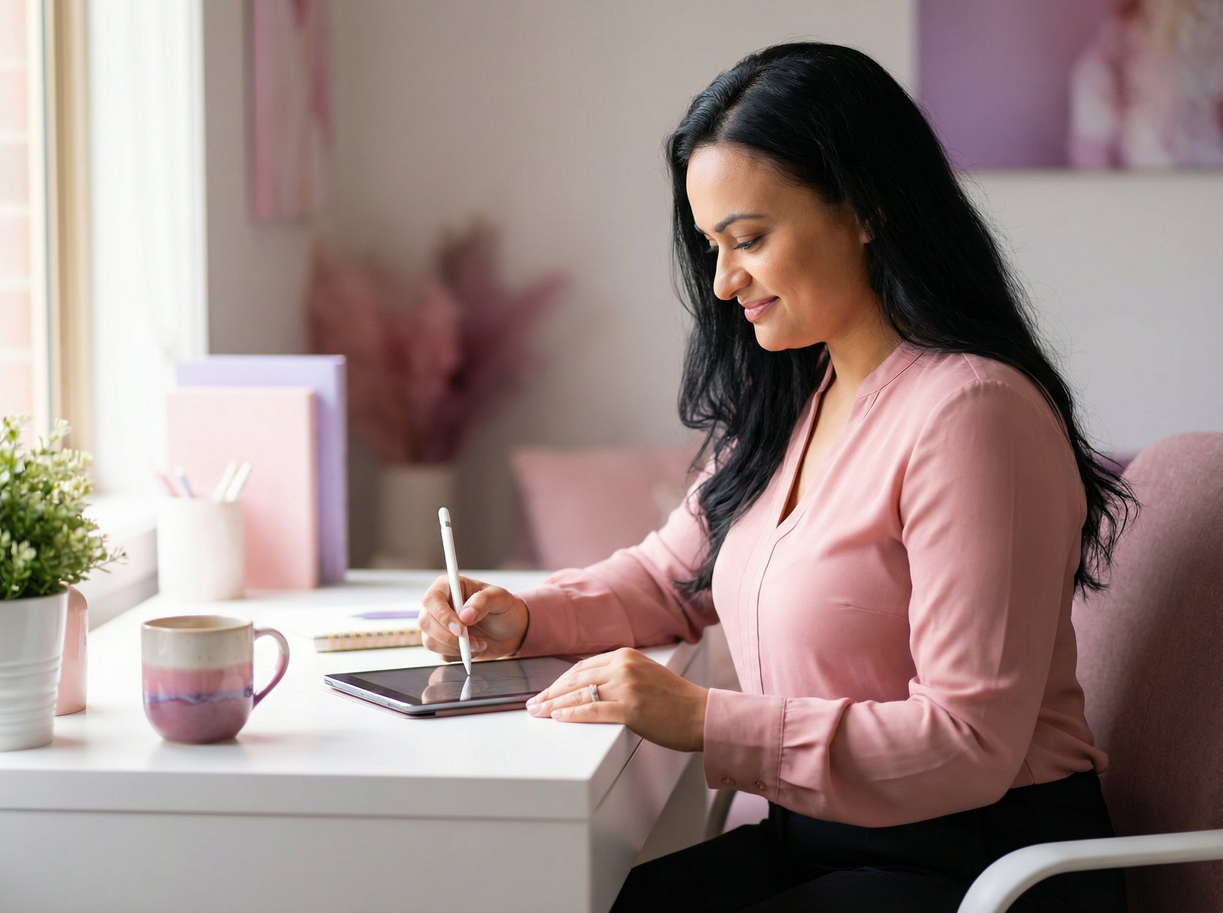 Nihal am Tablet arbeitend